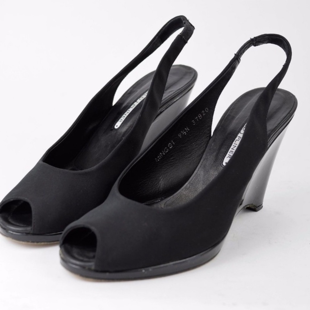 DONALD J PLINER Black Satin Open Toe Wedge SANDAL Size 8